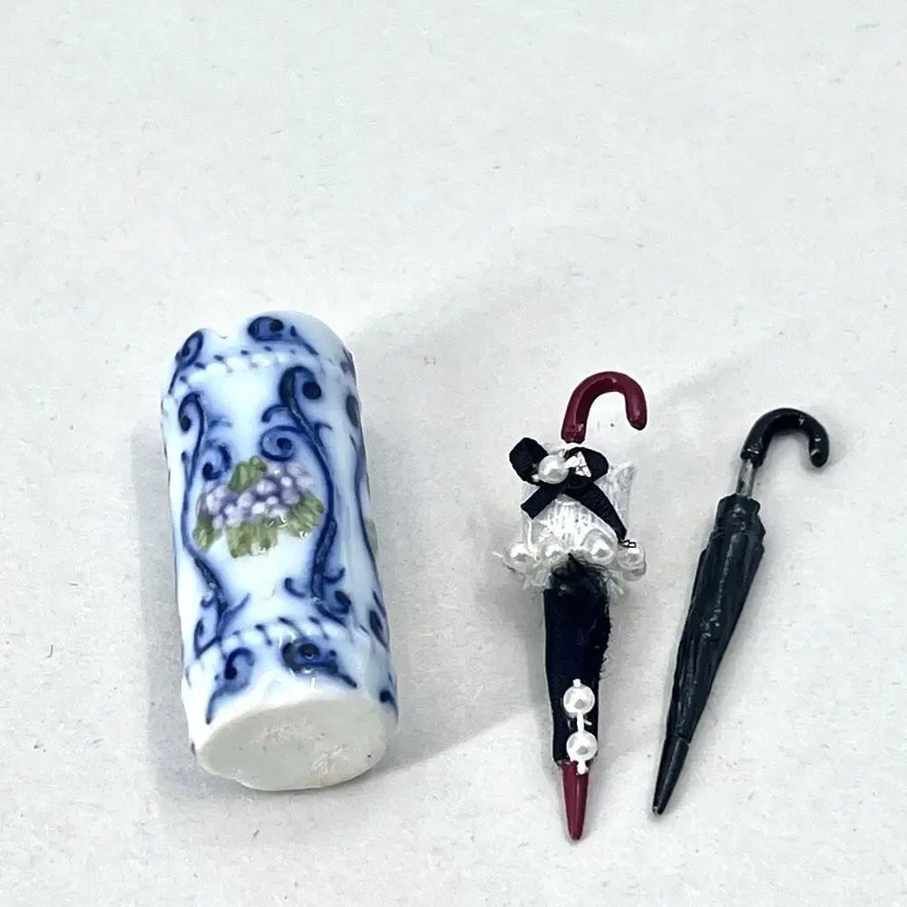 Vintage Ceramic Umbrella Holder with 2 Umbrellas Dollhouse Miniature 1:12